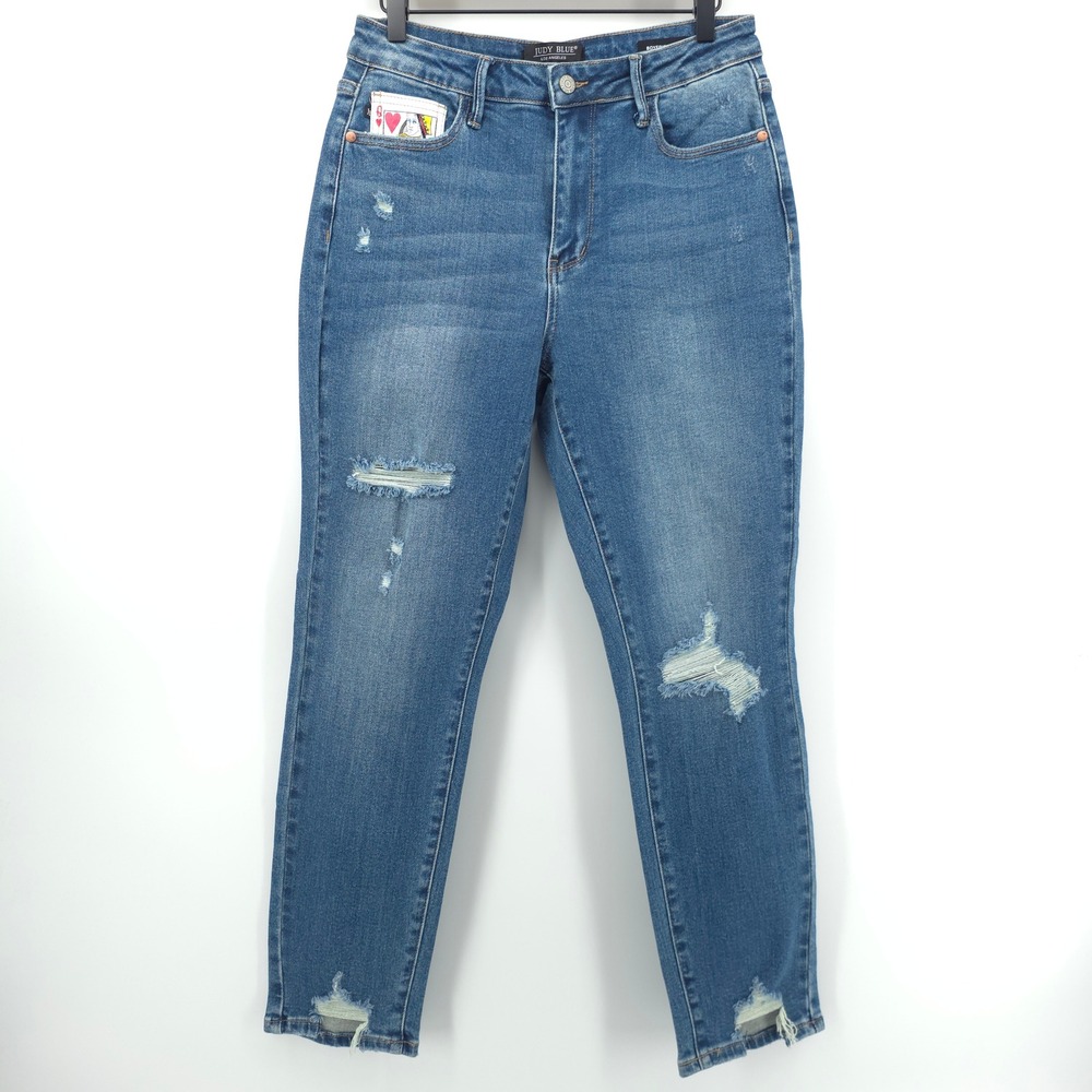 Judy Blue Women Jeans Boyfriend‎ Queen of Hearts 9/29 Medium Wash Distressed